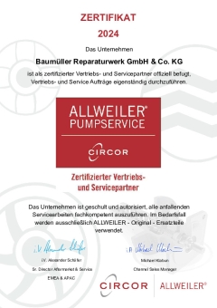 Zertifikat Allweiler Pumpenservice